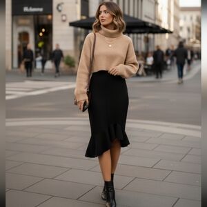 Black Asymmetrical Ruffle Midi Skirt SZ S/M